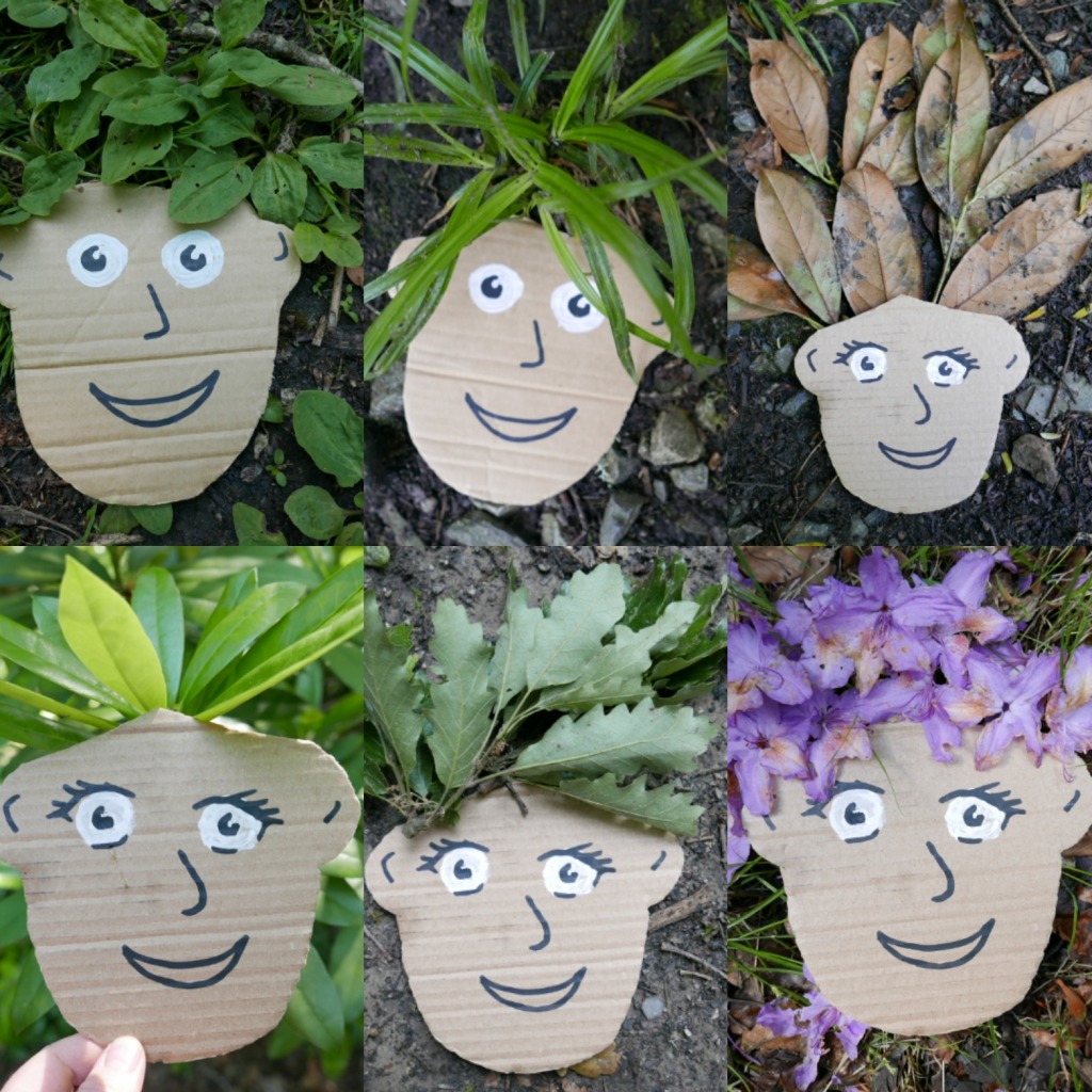 Nature portraits: cardboard faces decorated with leaves and flowers