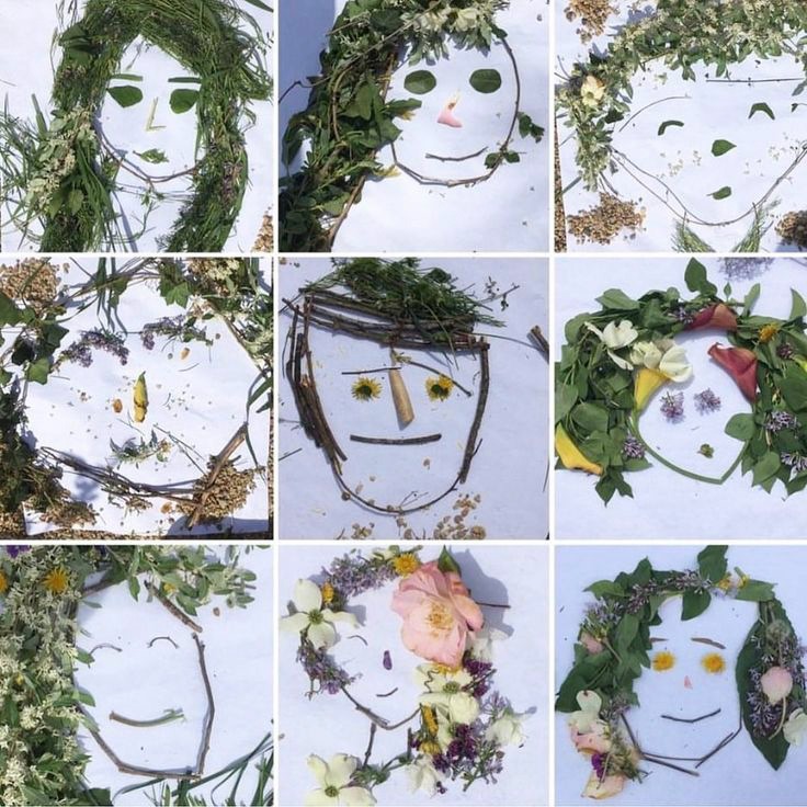 Nature portrait artwork made by campers with leaves and twigs